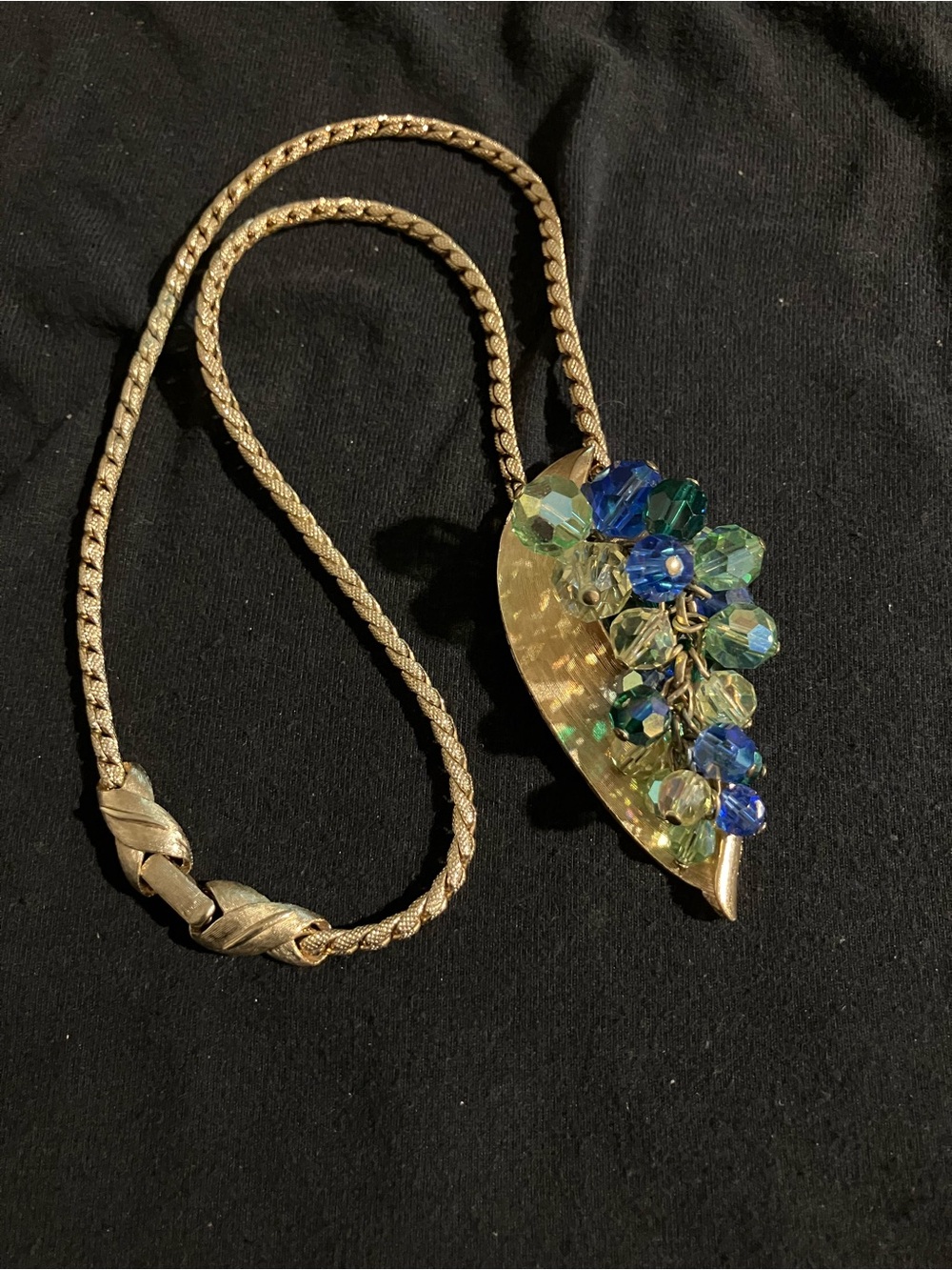 Estate Gold-Tone Leaf Necklace with Blue and Green Crystal Beads